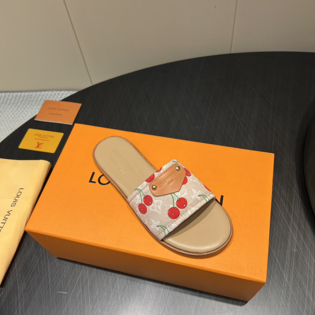 LV SLIDE SANDALS 25S IN BEIGE DENIM AND CALFSKIN WITH LOGO PRINT - 35