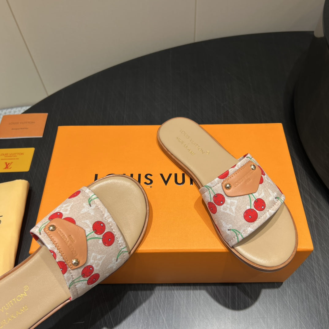 LV SLIDE SANDALS 25S IN BEIGE DENIM AND CALFSKIN WITH LOGO PRINT - 35