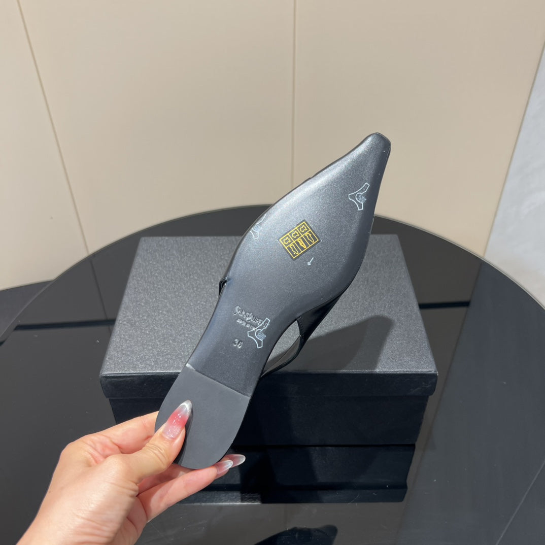 YSL SLINGBACK FLATS 25S IN BLACK LAMBSKIN WITH GOLD HARDWARE - 35