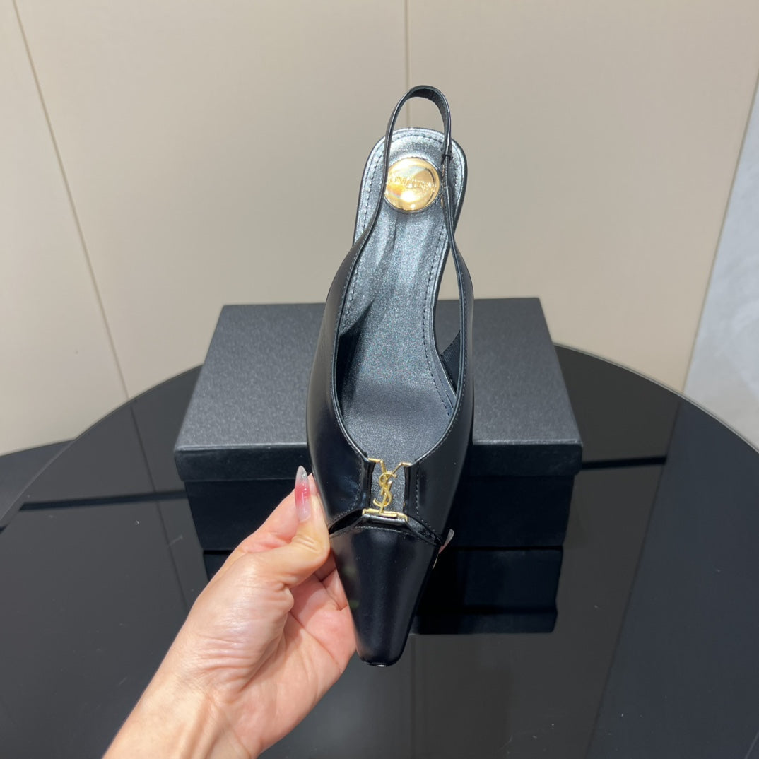 YSL SLINGBACK FLATS 25S IN BLACK LAMBSKIN WITH GOLD HARDWARE - 35