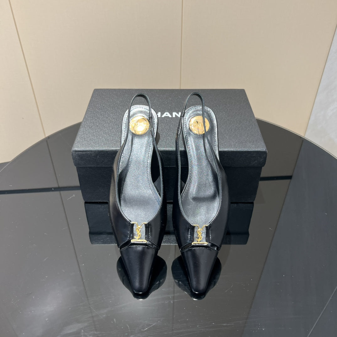 YSL SLINGBACK FLATS 25S IN BLACK LAMBSKIN WITH GOLD HARDWARE - 35
