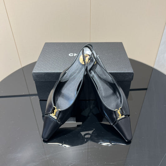 YSL SLINGBACK FLATS 25S IN BLACK LAMBSKIN WITH GOLD HARDWARE - 35