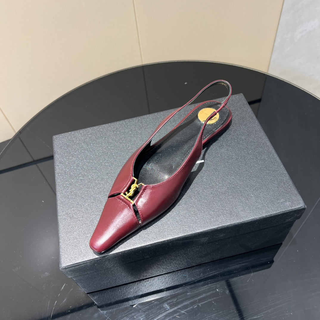 YSL SLINGBACK FLATS 25S IN WINE RED LAMBSKIN WITH GOLD HARDWARE - 35