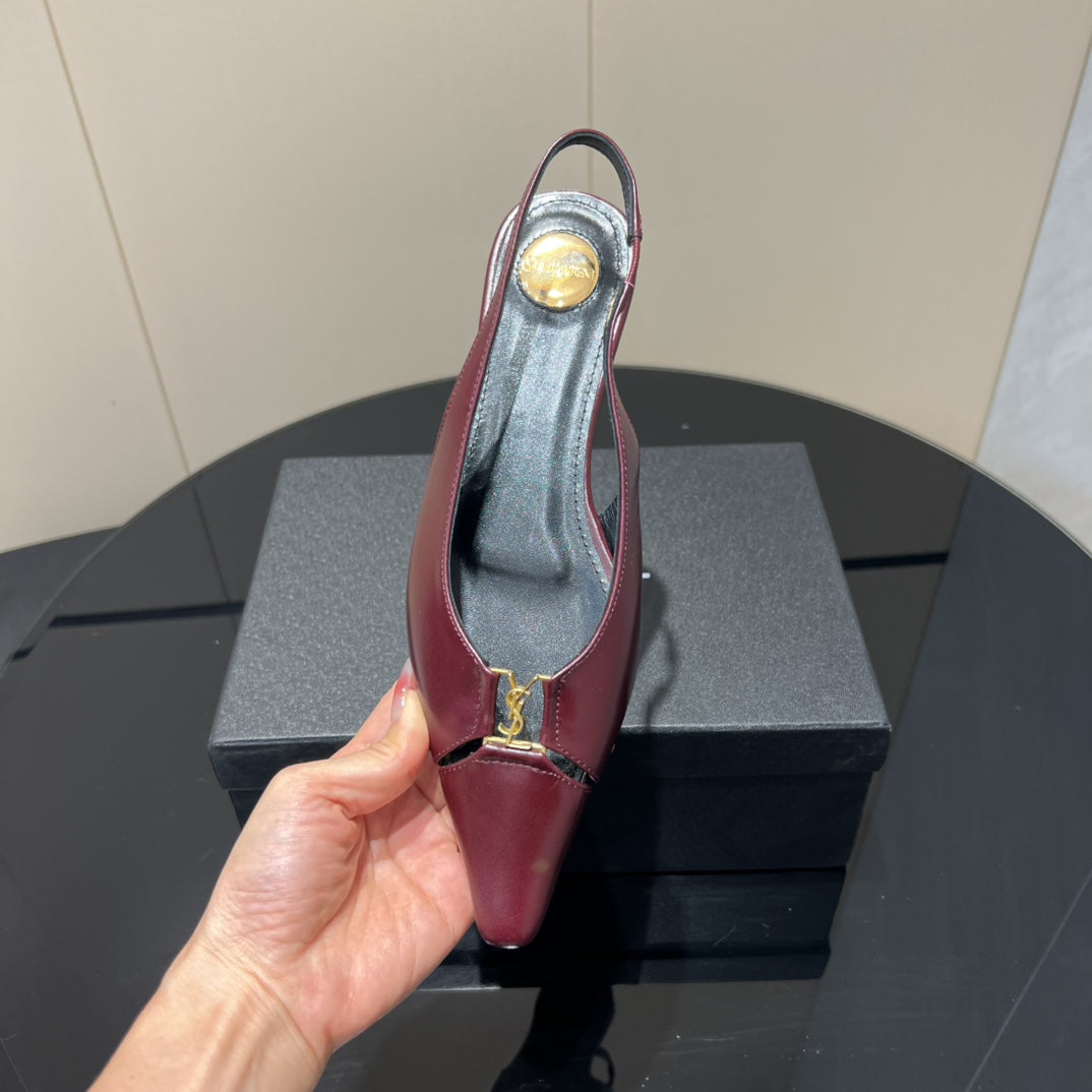 YSL SLINGBACK FLATS 25S IN WINE RED LAMBSKIN WITH GOLD HARDWARE - 35