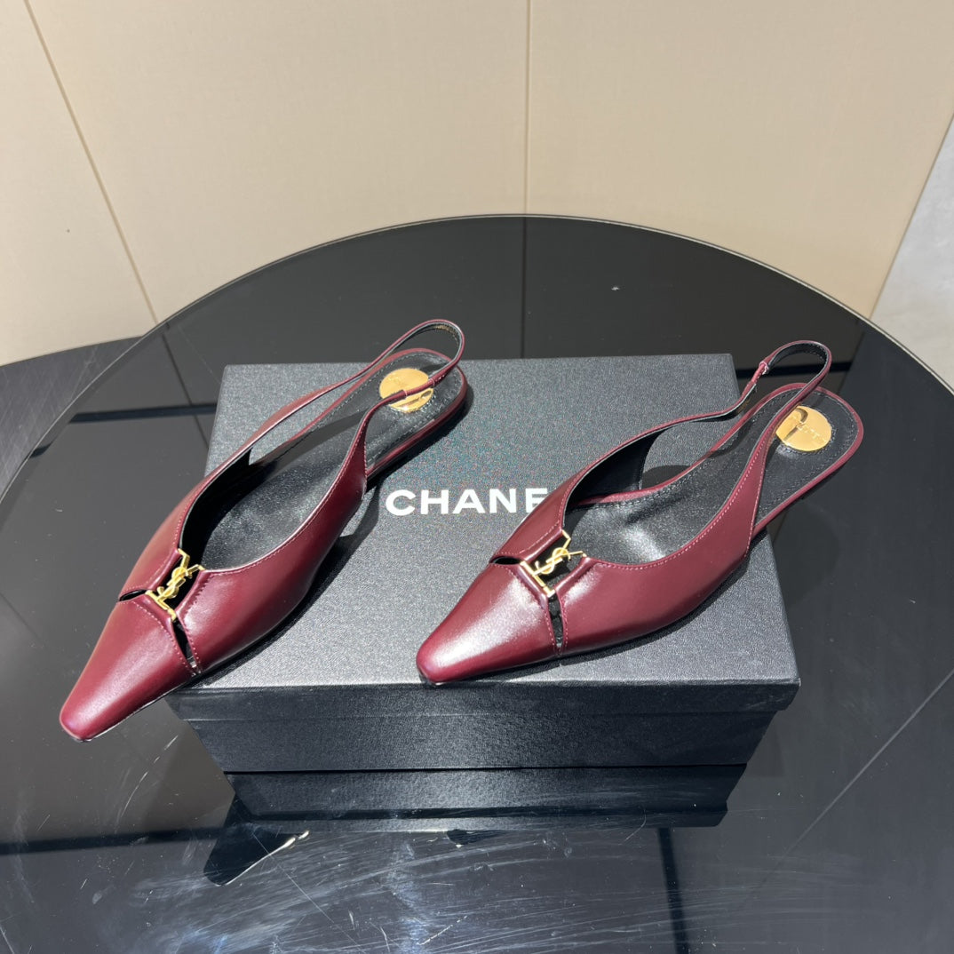 YSL SLINGBACK FLATS 25S IN WINE RED LAMBSKIN WITH GOLD HARDWARE - 35