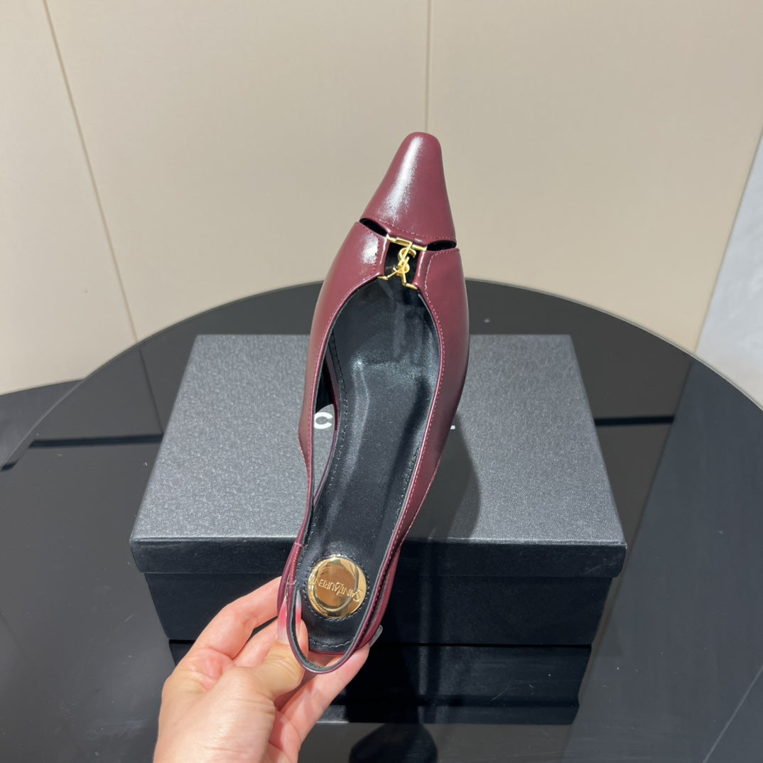 YSL SLINGBACK FLATS 25S IN WINE RED LAMBSKIN WITH GOLD HARDWARE - 35