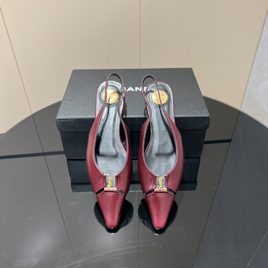 YSL SLINGBACK FLATS 25S IN WINE RED LAMBSKIN WITH GOLD HARDWARE - 35