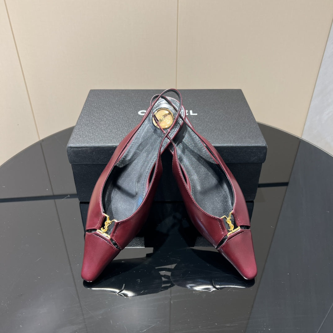 YSL SLINGBACK FLATS 25S IN WINE RED LAMBSKIN WITH GOLD HARDWARE - 35