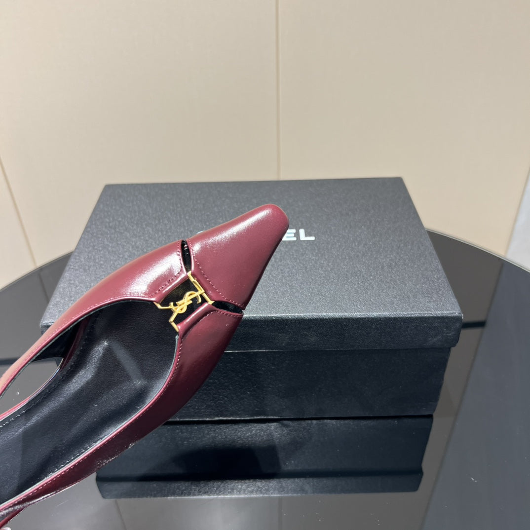 YSL SLINGBACK FLATS 25S IN WINE RED LAMBSKIN WITH GOLD HARDWARE - 35