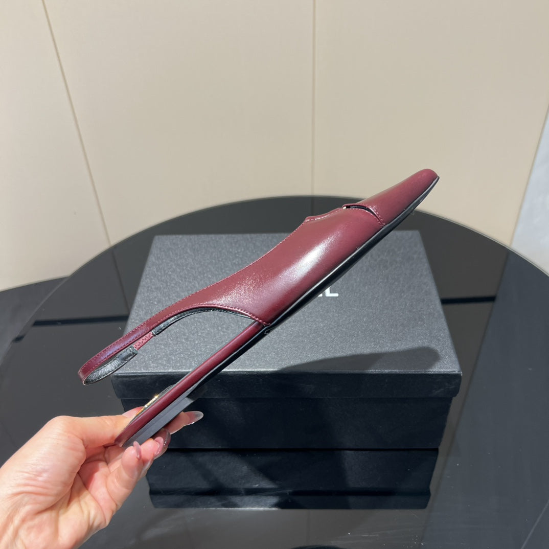 YSL SLINGBACK FLATS 25S IN WINE RED LAMBSKIN WITH GOLD HARDWARE - 35
