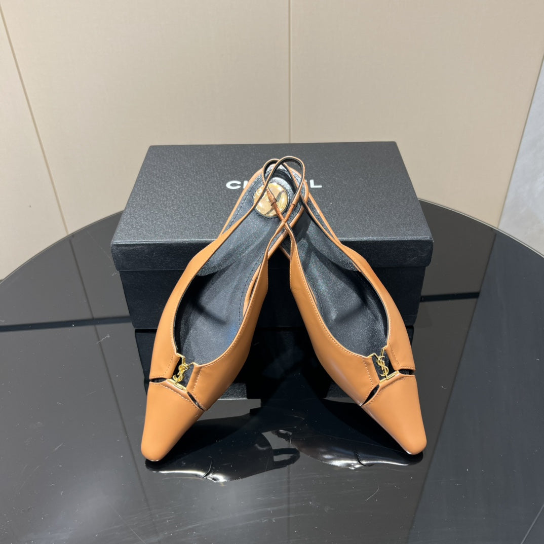 YSL SLINGBACK FLATS 25S IN MUTED ORANGE LAMBSKIN WITH GOLD HARDWARE - 35