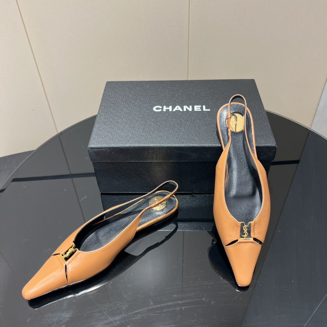 YSL SLINGBACK FLATS 25S IN MUTED ORANGE LAMBSKIN WITH GOLD HARDWARE - 35