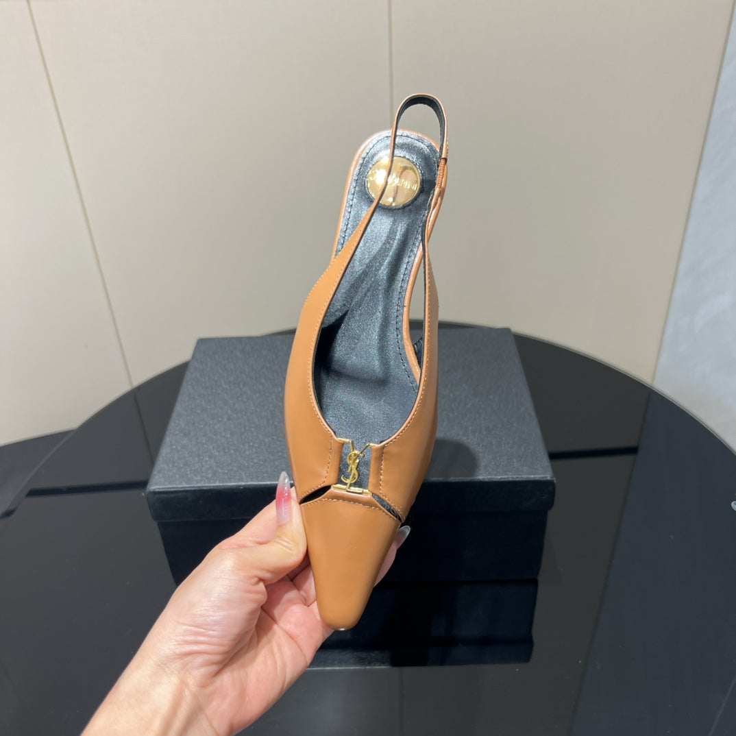 YSL SLINGBACK FLATS 25S IN MUTED ORANGE LAMBSKIN WITH GOLD HARDWARE - 35