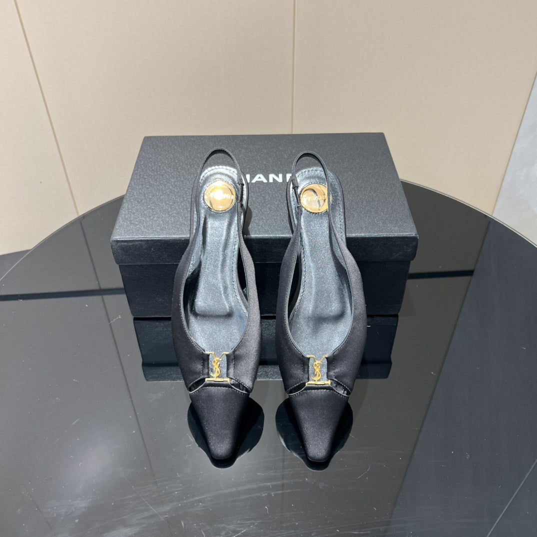 YSL SLINGBACK FLATS 25S IN BLACK SATIN FABRIC WITH GOLD HARDWARE - 35