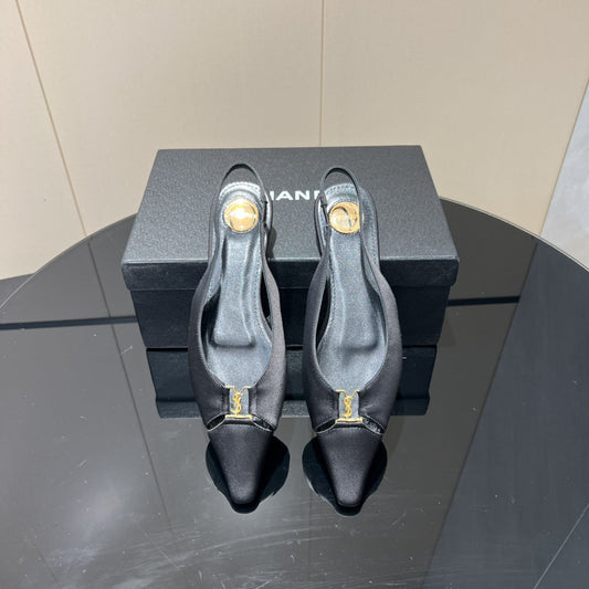 YSL SLINGBACK FLATS 25S IN BLACK SATIN FABRIC WITH GOLD HARDWARE - 35
