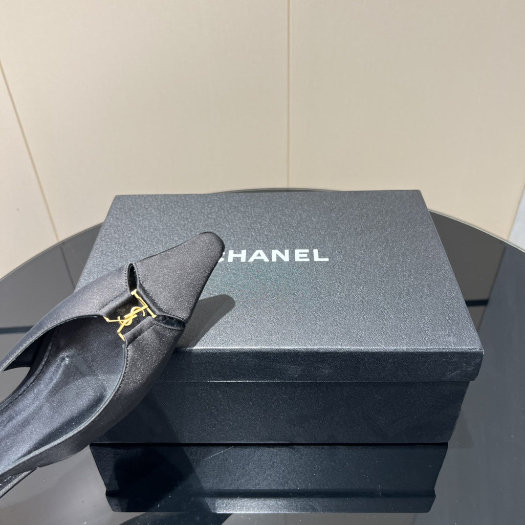 YSL SLINGBACK FLATS 25S IN BLACK SATIN FABRIC WITH GOLD HARDWARE - 35