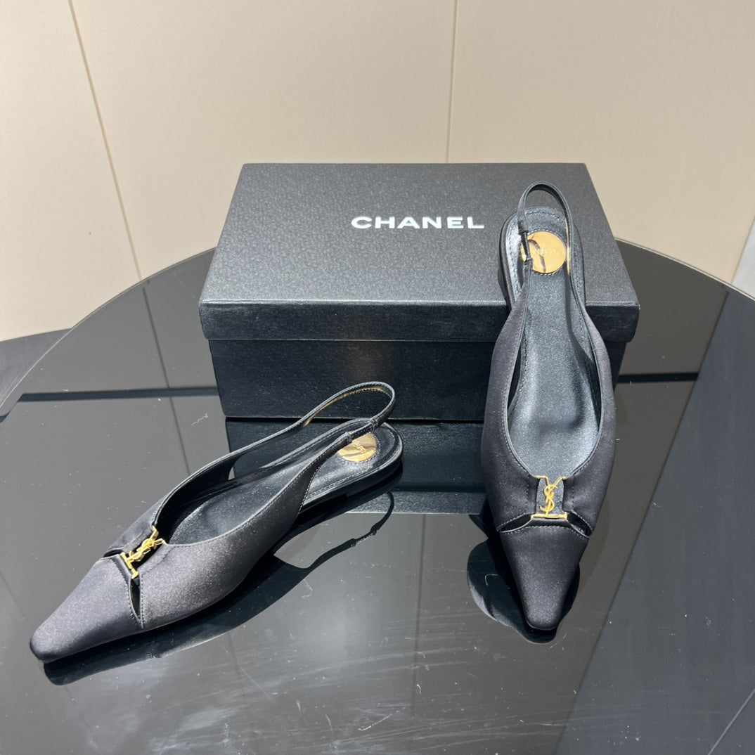 YSL SLINGBACK FLATS 25S IN BLACK SATIN FABRIC WITH GOLD HARDWARE - 35