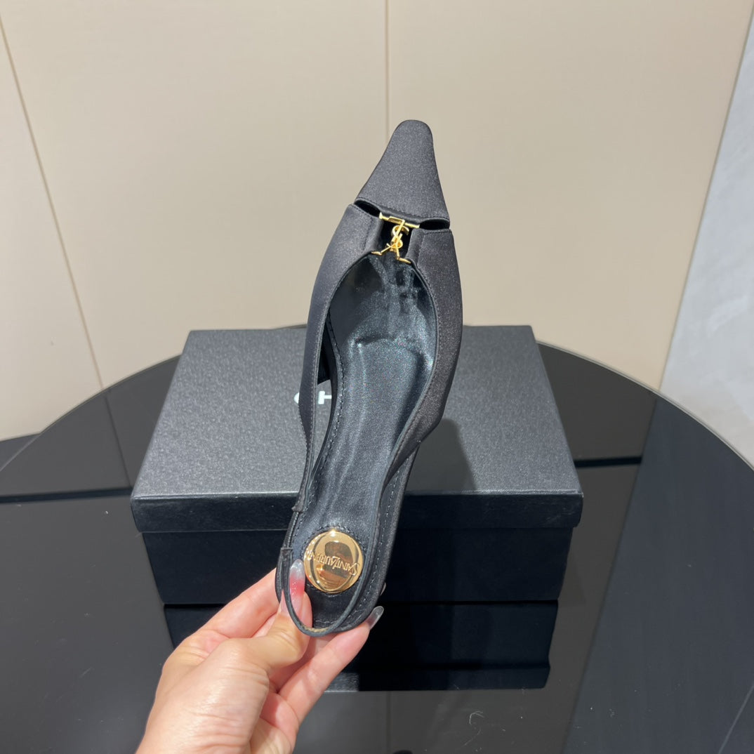 YSL SLINGBACK FLATS 25S IN BLACK SATIN FABRIC WITH GOLD HARDWARE - 35