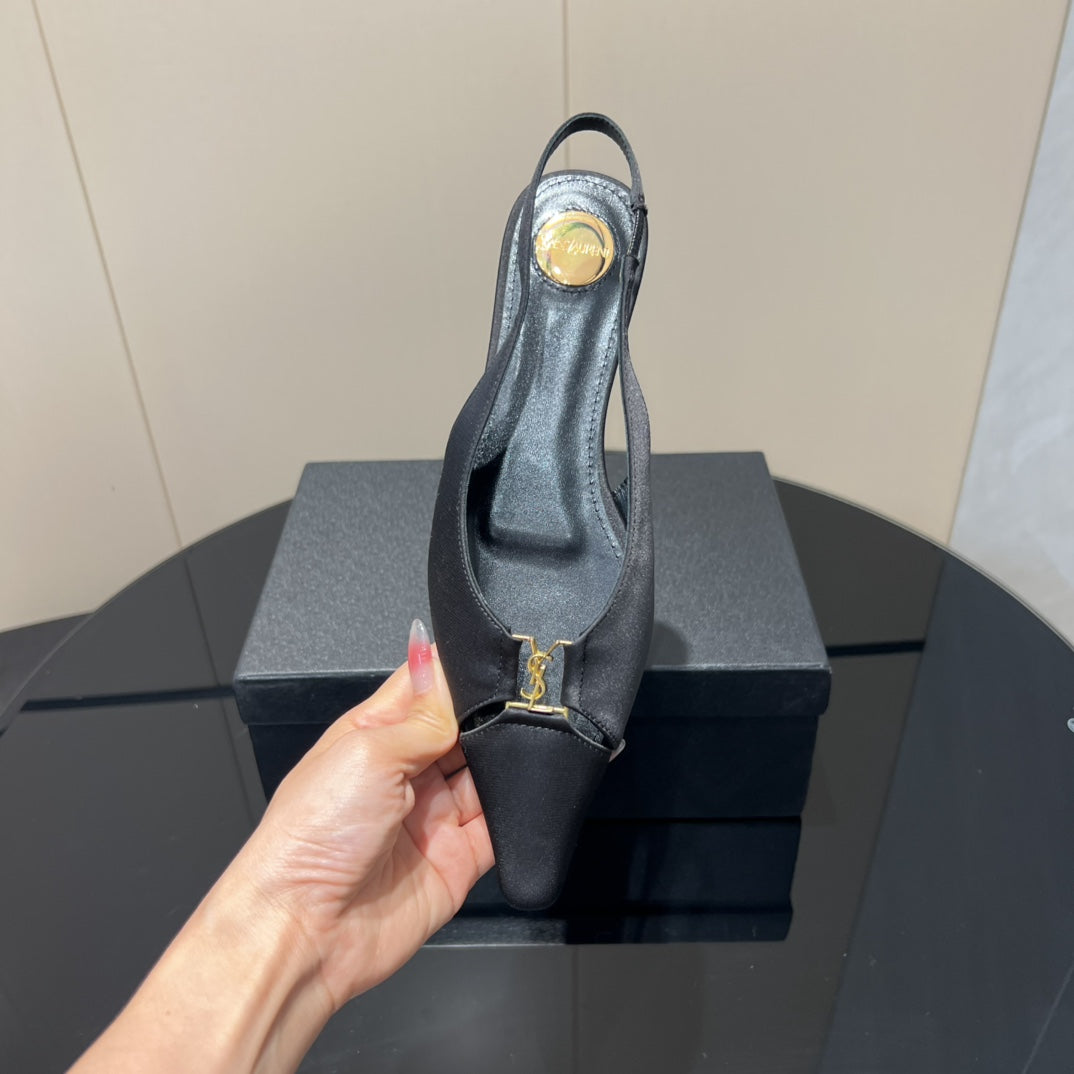 YSL SLINGBACK FLATS 25S IN BLACK SATIN FABRIC WITH GOLD HARDWARE - 35