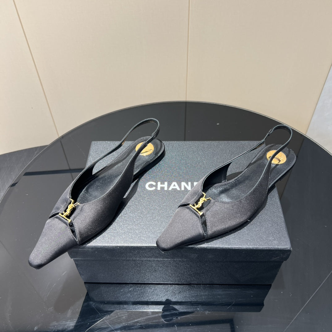 YSL SLINGBACK FLATS 25S IN BLACK SATIN FABRIC WITH GOLD HARDWARE - 35