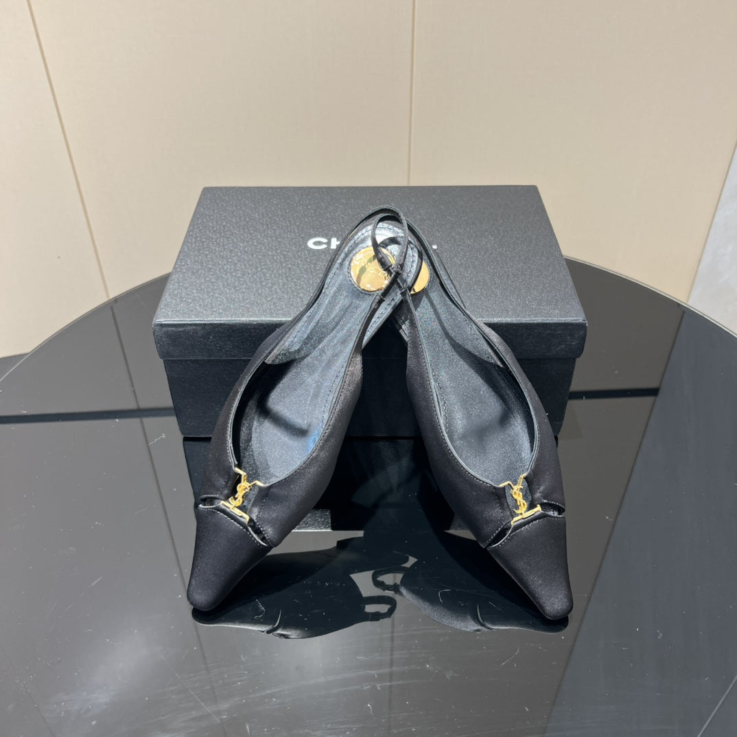 YSL SLINGBACK FLATS 25S IN BLACK SATIN FABRIC WITH GOLD HARDWARE - 35