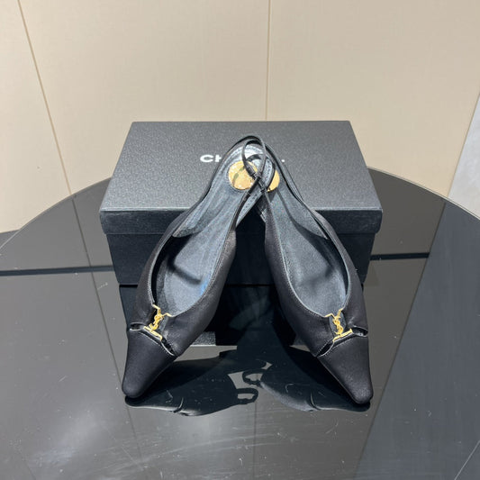 YSL SLINGBACK FLATS 25S IN BLACK SATIN FABRIC WITH GOLD HARDWARE - 35