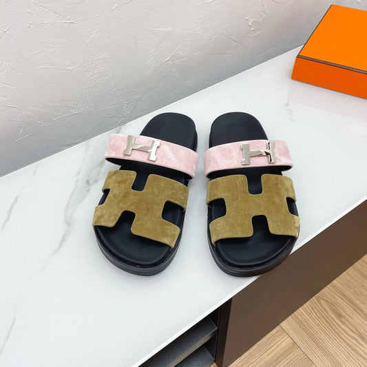 CHYPRE SANDAL ARMY GREEN MIX PASTEL PINK SUEDE WITH H BUCKLE - 34