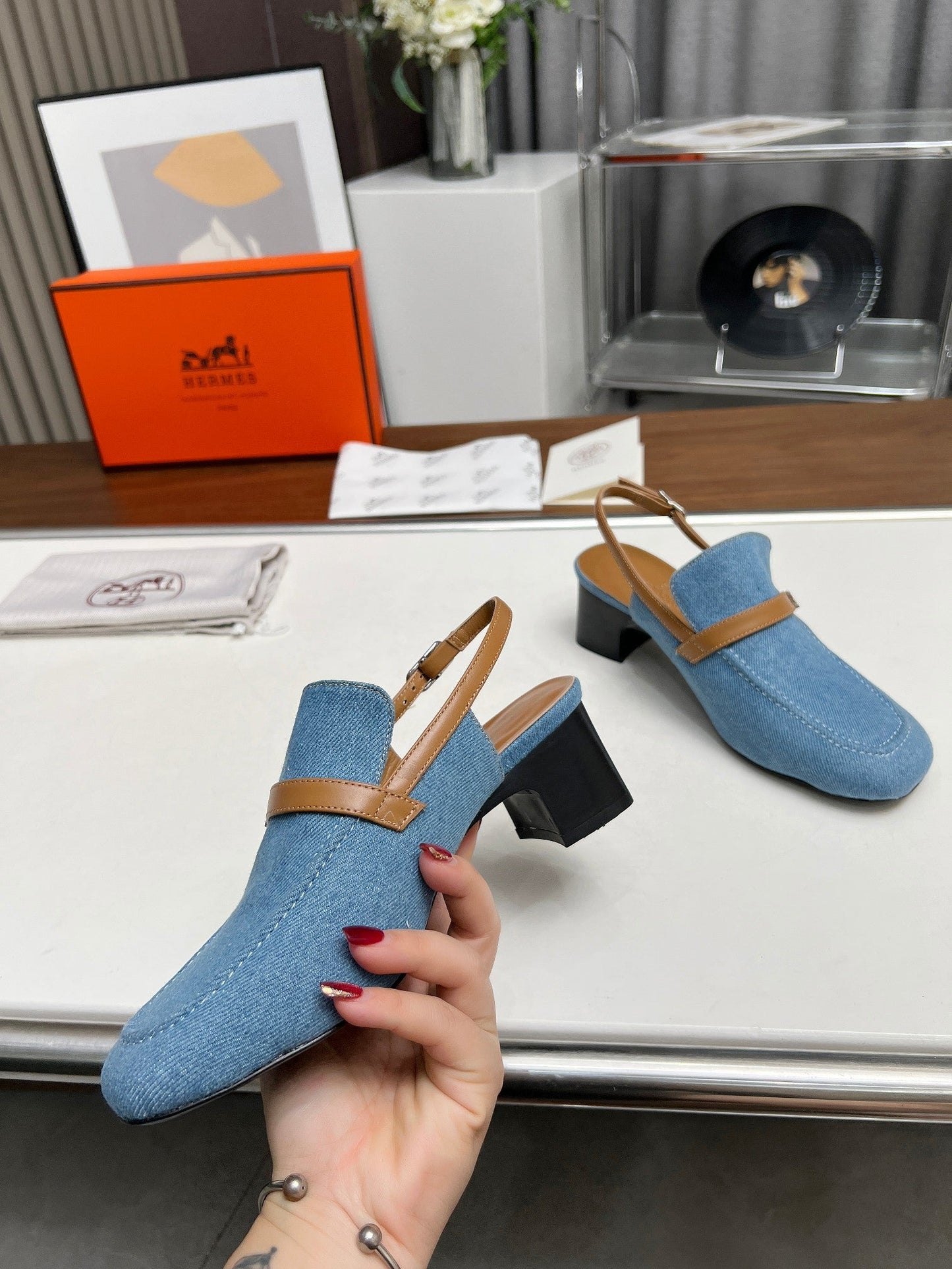 SQUARE TOE SLINGBACK DENIM CALFSKIN - 35