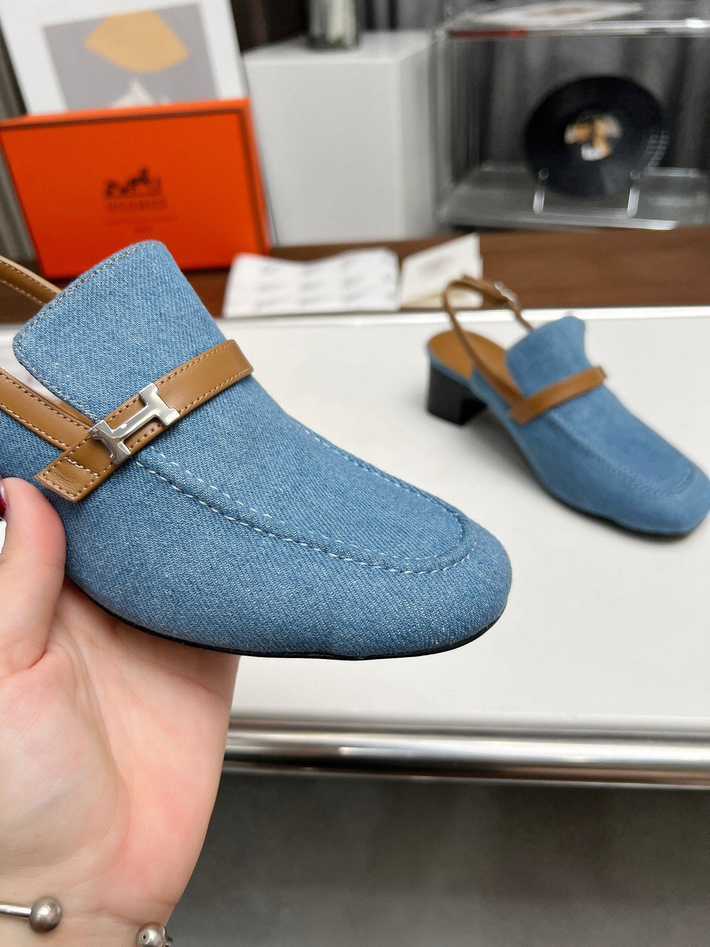 SQUARE TOE SLINGBACK DENIM CALFSKIN - 35