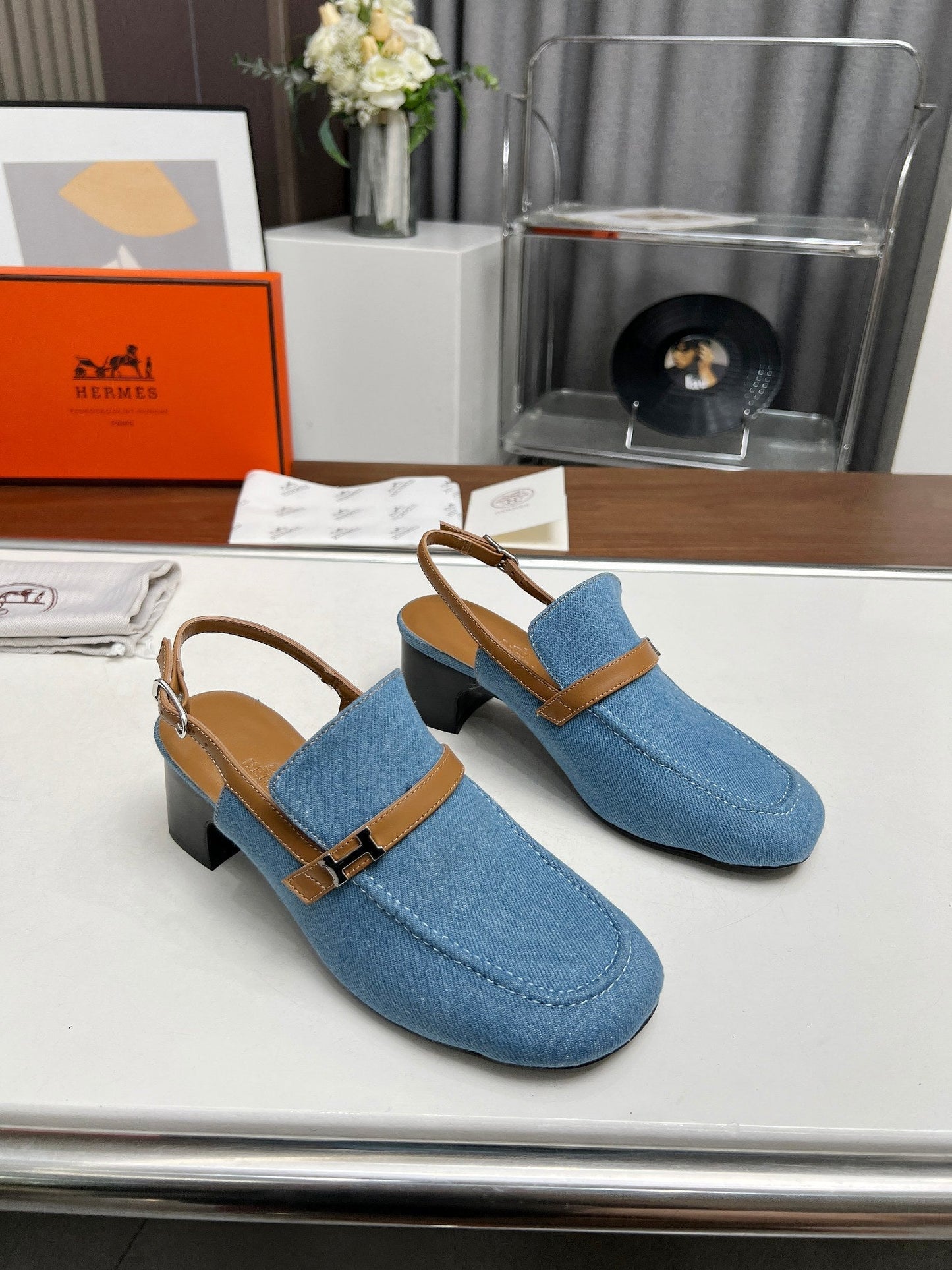 SQUARE TOE SLINGBACK DENIM CALFSKIN - 35