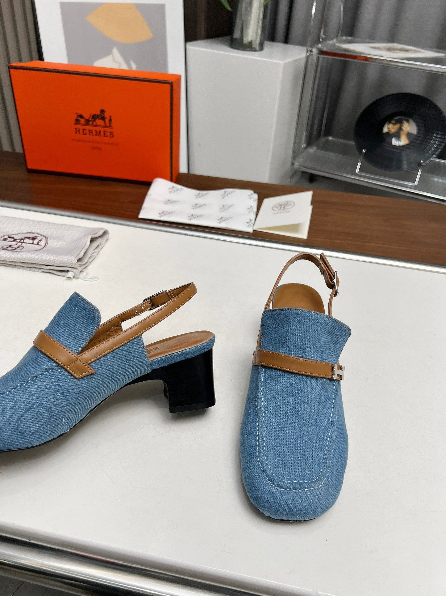 SQUARE TOE SLINGBACK DENIM CALFSKIN - 35