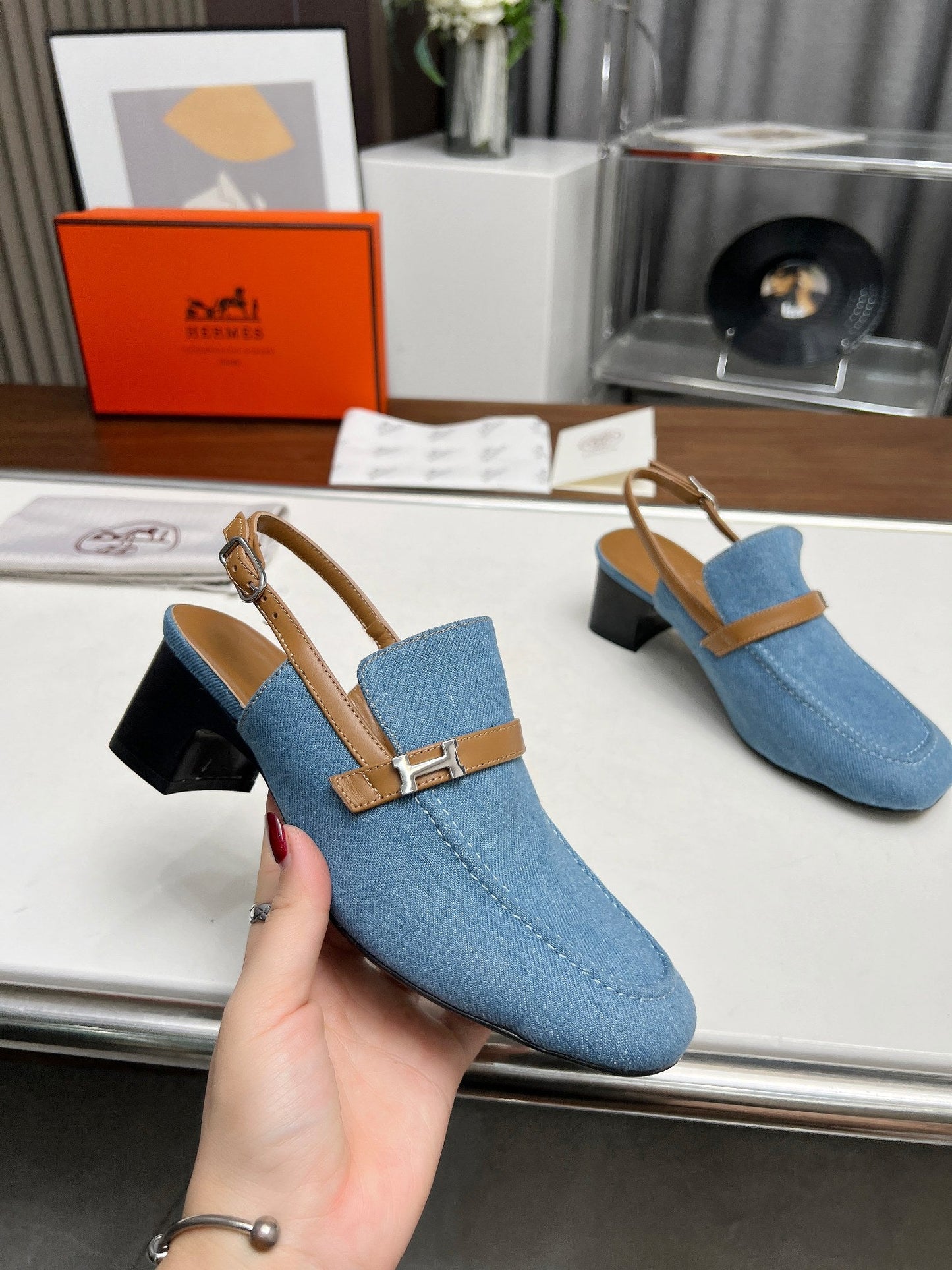 SQUARE TOE SLINGBACK DENIM CALFSKIN - 35