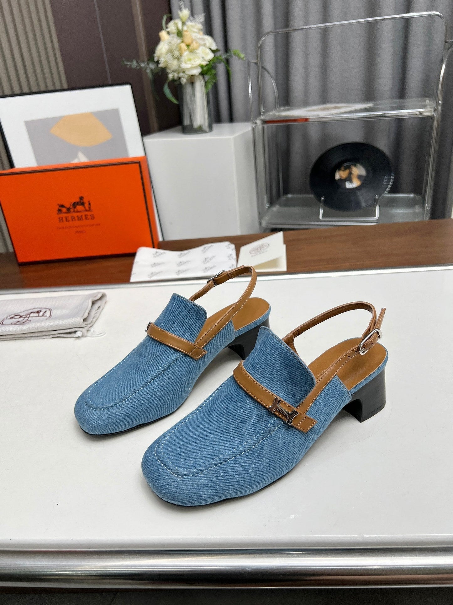 SQUARE TOE SLINGBACK DENIM CALFSKIN - 35
