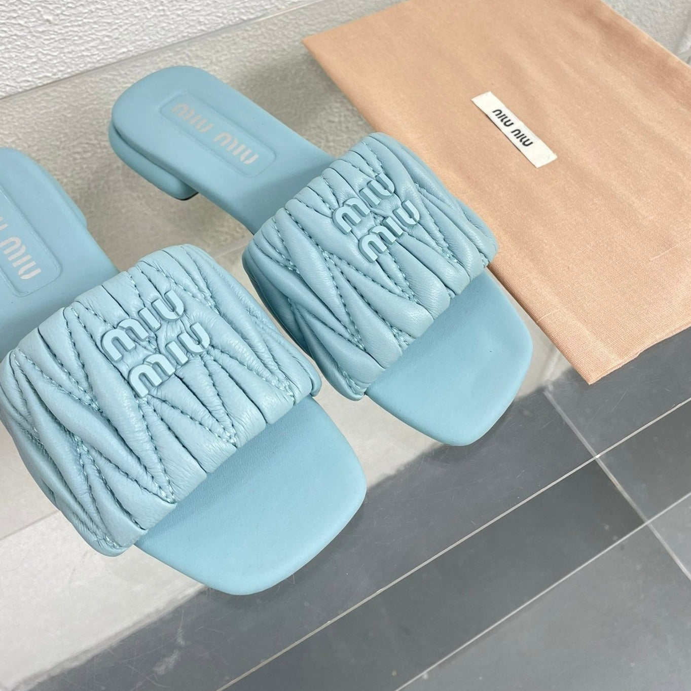 Women's Baby Blue Leather Slippers - 35
