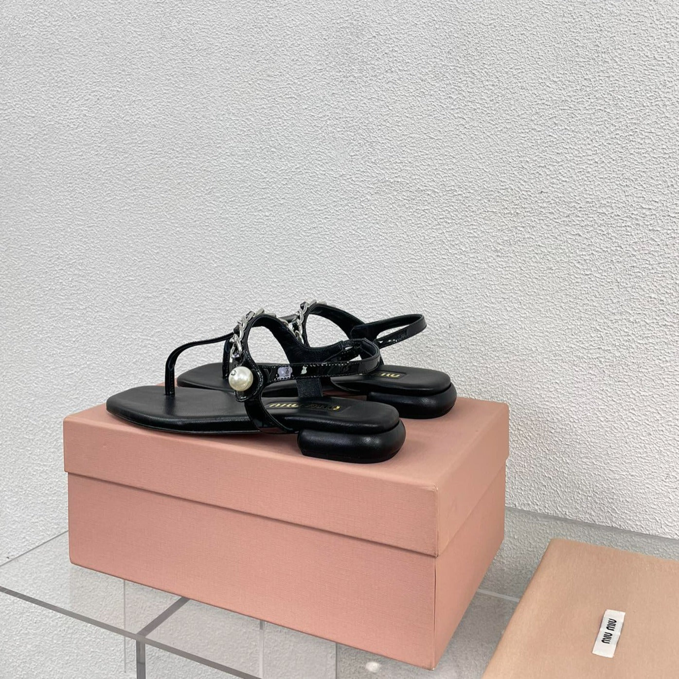 Pearl Chain Flip-Flops Black Color Leather - 35
