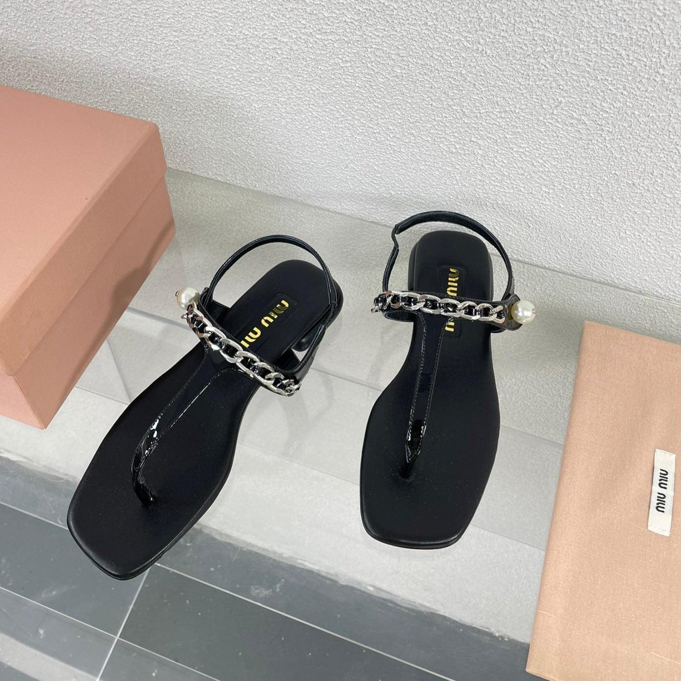Pearl Chain Flip-Flops Black Color Leather - 35