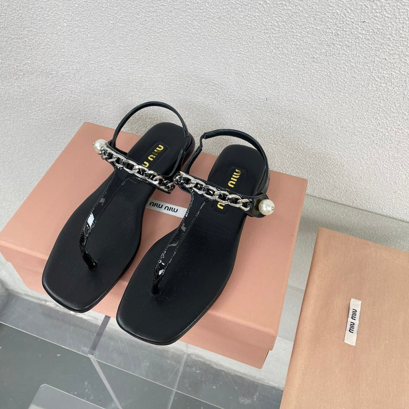 Pearl Chain Flip-Flops Black Color Leather - 35