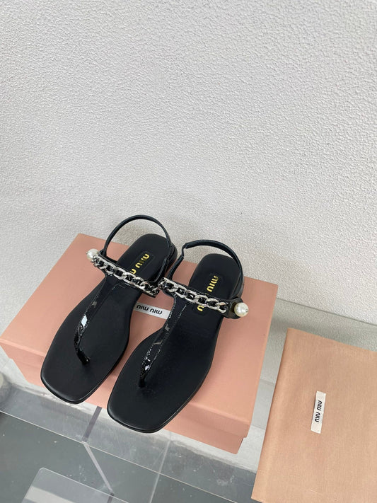 Pearl Chain Flip-Flops Black Color Leather - 35
