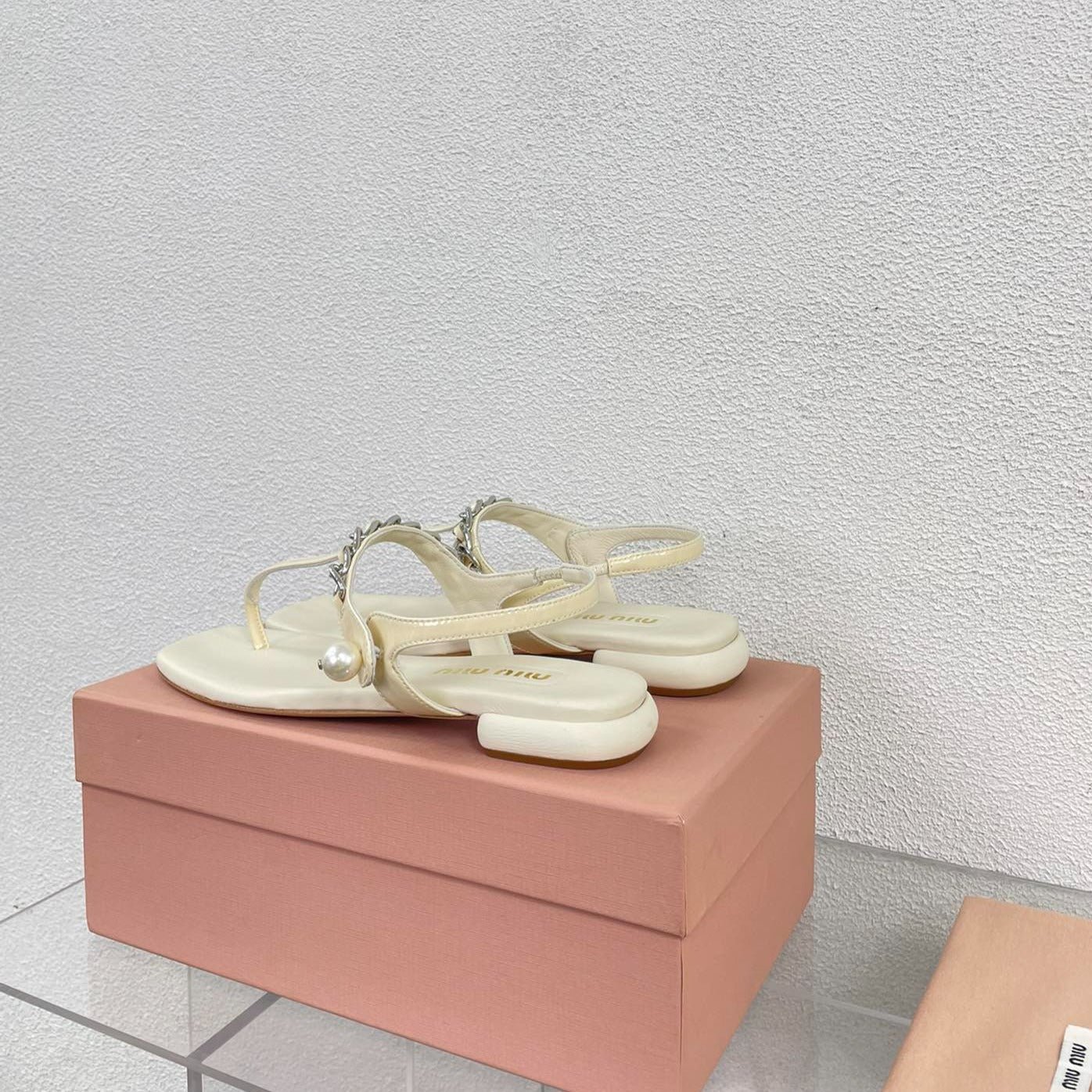 Pearl Chain Flip-Flops Apricot Color Leather - 35
