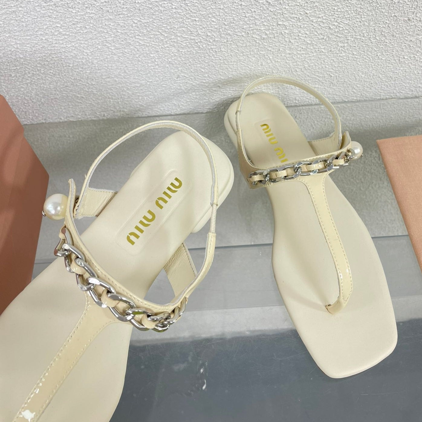 Pearl Chain Flip-Flops Apricot Color Leather - 35