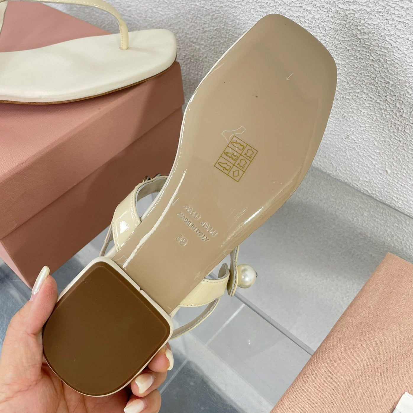 Pearl Chain Flip-Flops Apricot Color Leather - 35