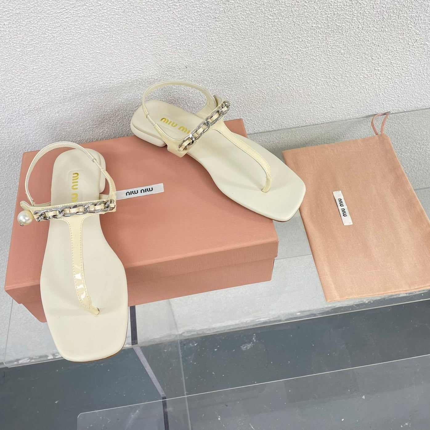 Pearl Chain Flip-Flops Apricot Color Leather - 35