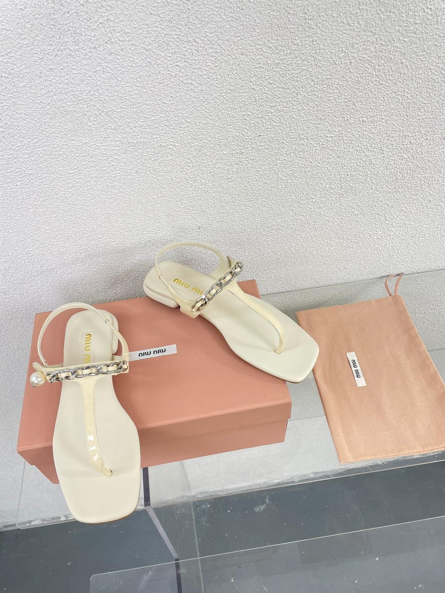 Pearl Chain Flip-Flops Apricot Color Leather - 35