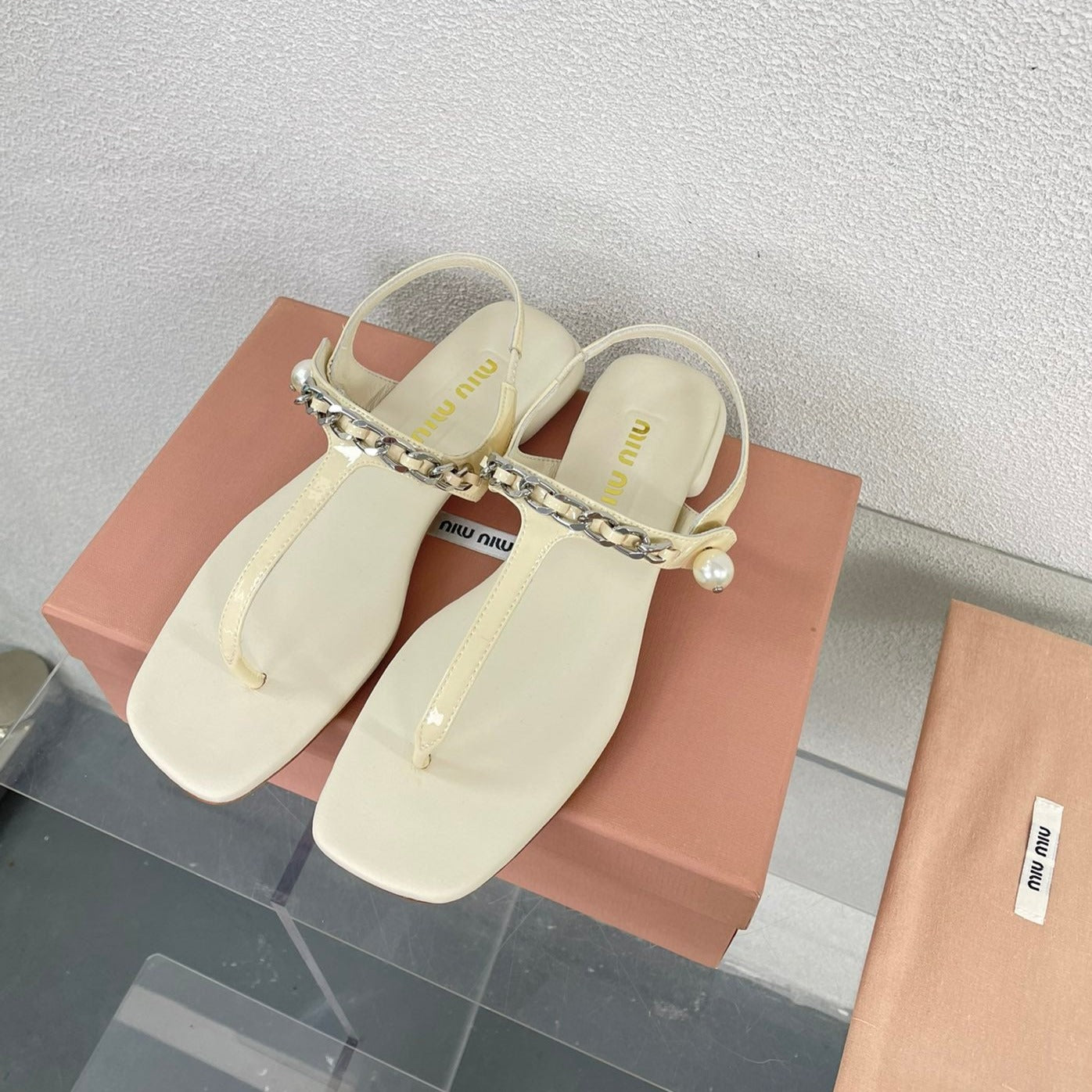 Pearl Chain Flip-Flops Apricot Color Leather - 35