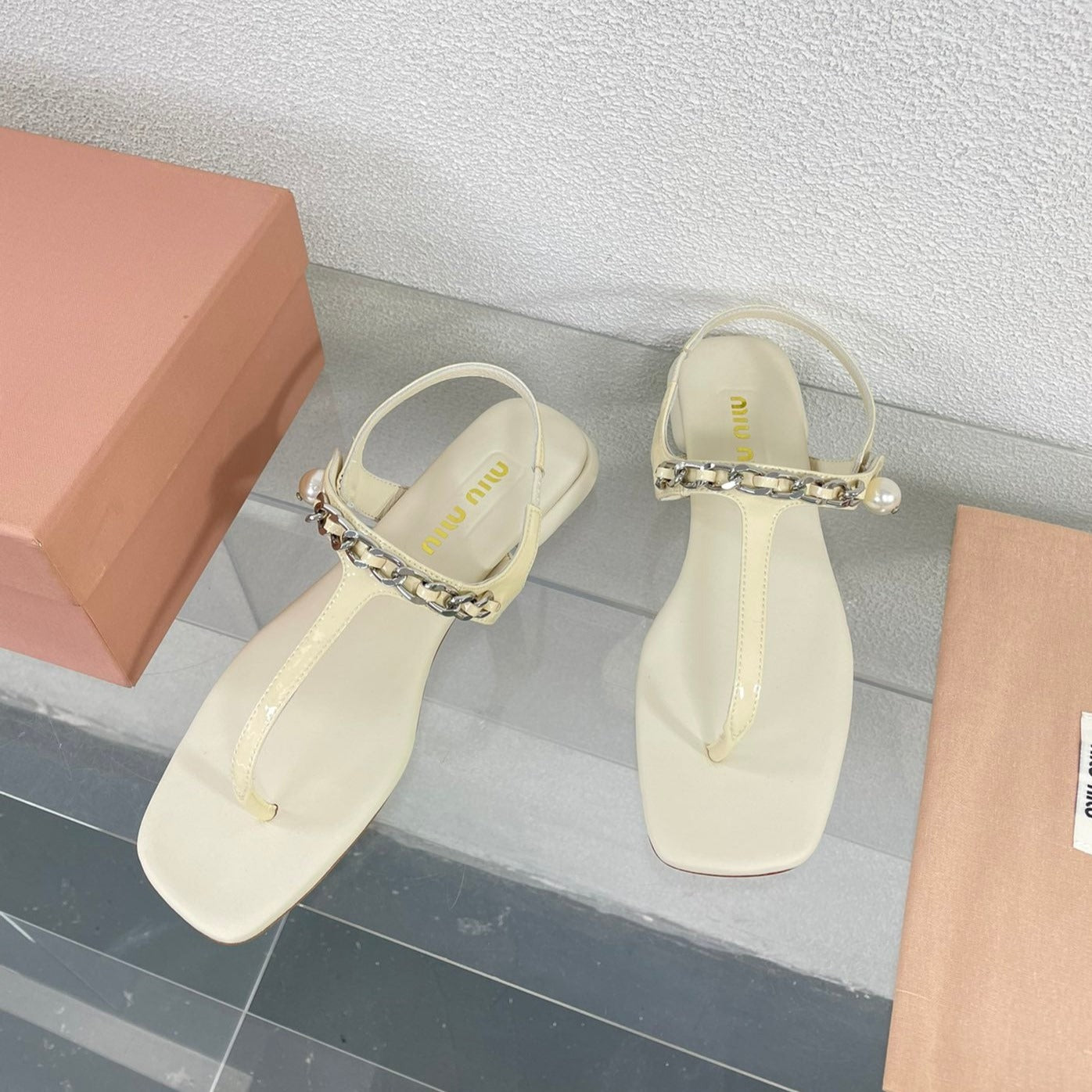 Pearl Chain Flip-Flops Apricot Color Leather - 35