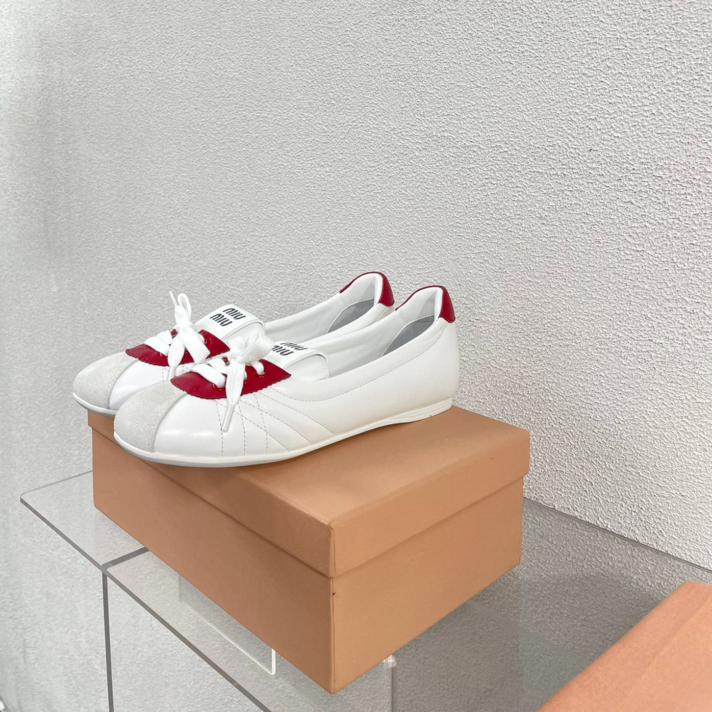 White Leather Ballet Flats With Red - 35