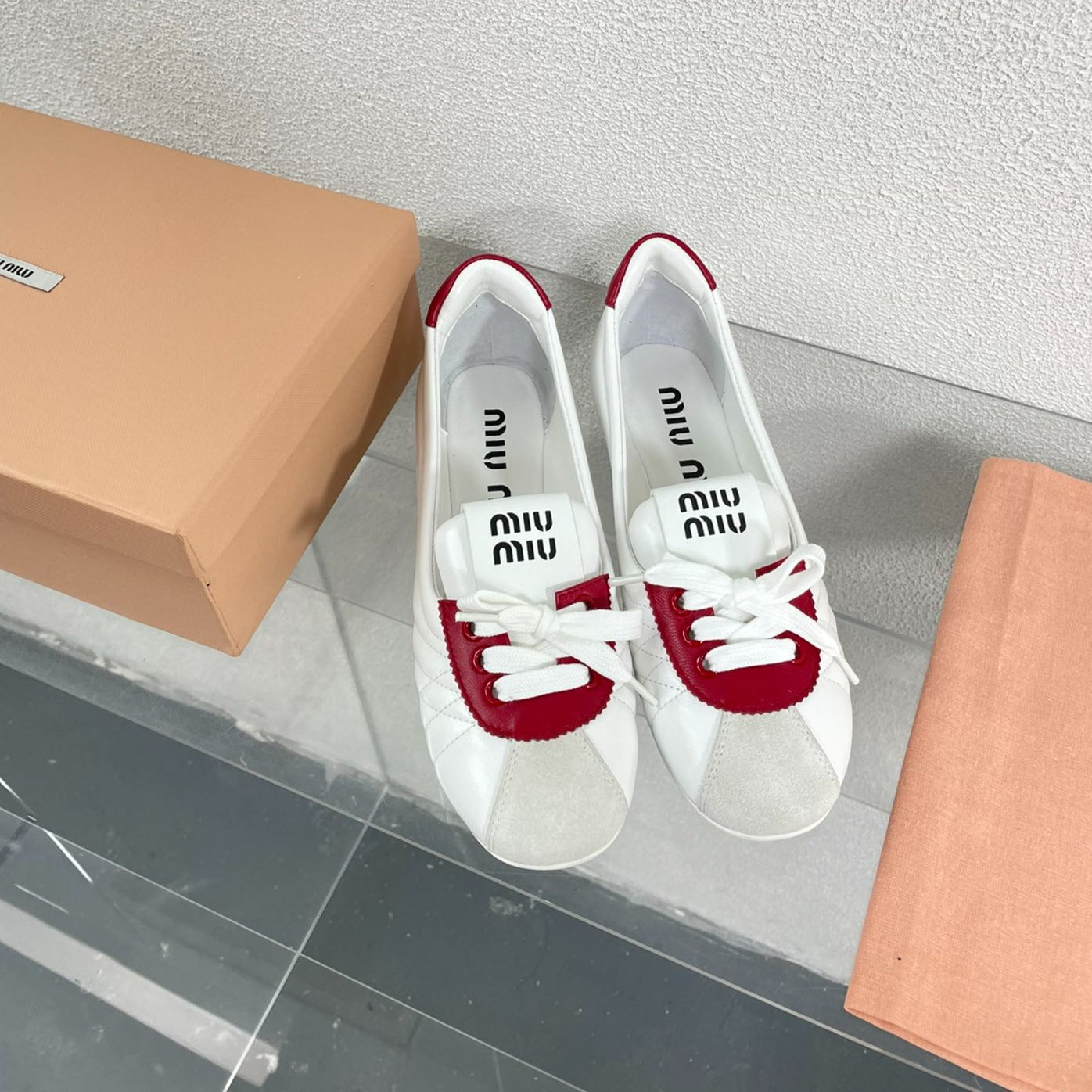 White Leather Ballet Flats With Red - 35