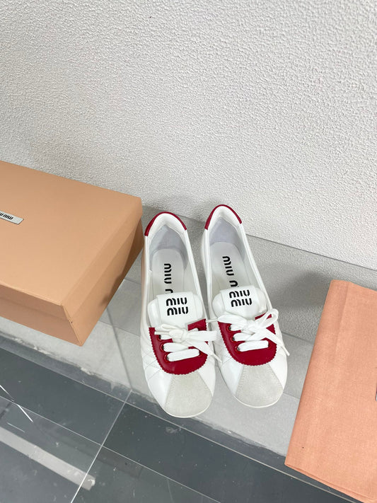 White Leather Ballet Flats With Red - 35