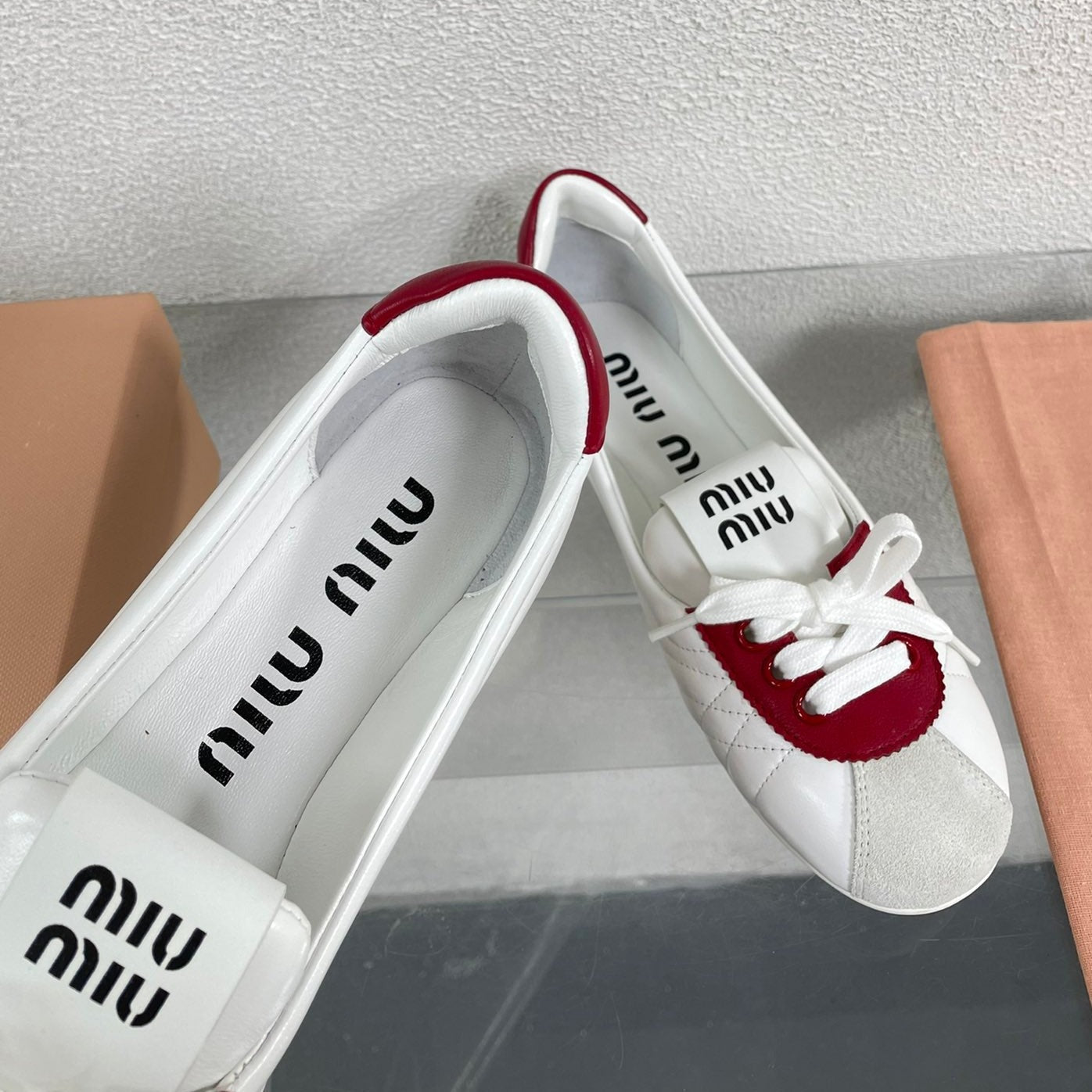 White Leather Ballet Flats With Red - 35