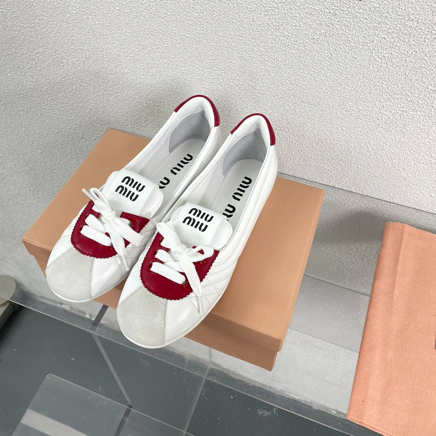 White Leather Ballet Flats With Red - 35